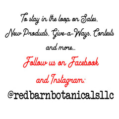 Redbarn Botanicals social media graphic with black and red text on white background, script style font