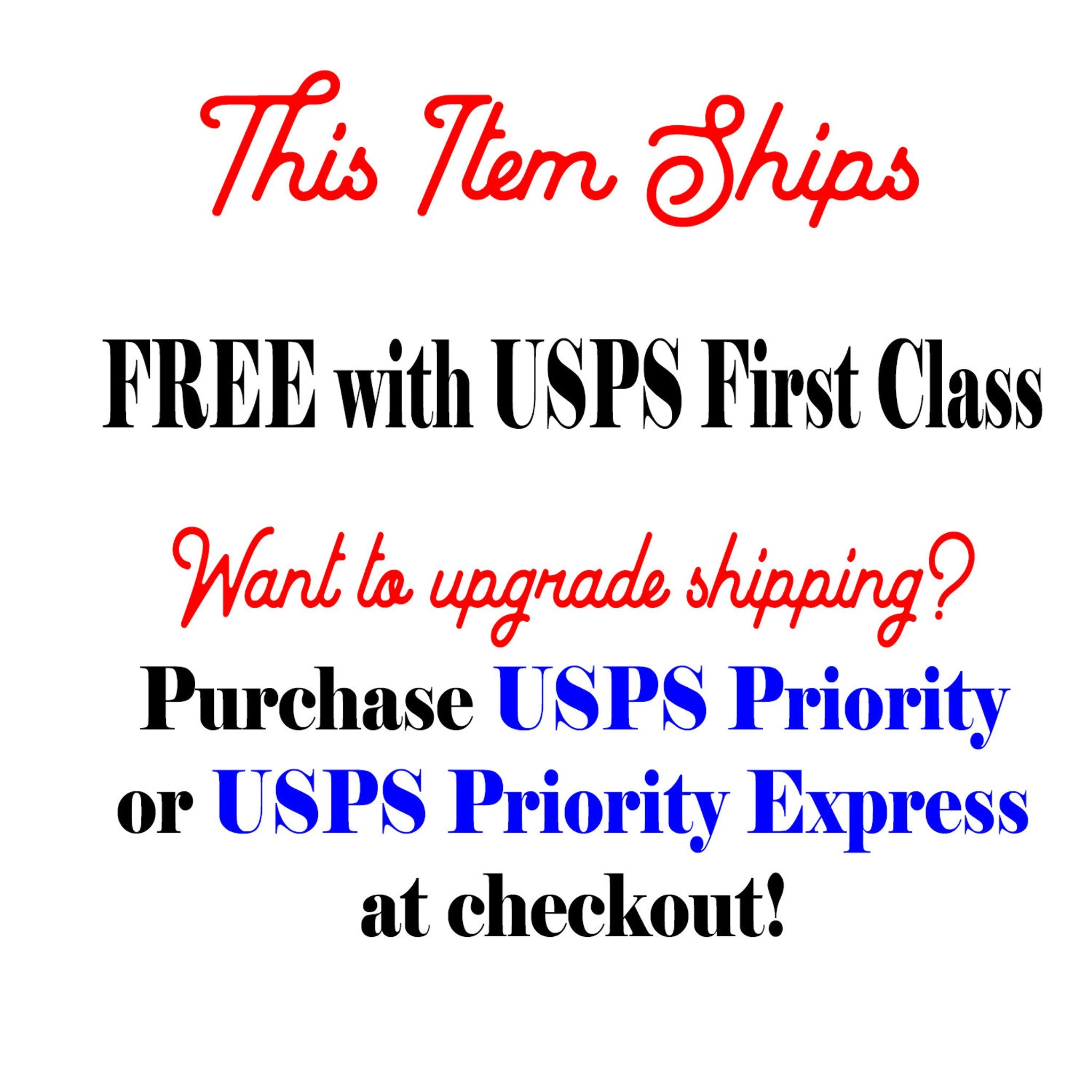 Shipping information graphic with red, black, and blue text on white background, USPS options displayed