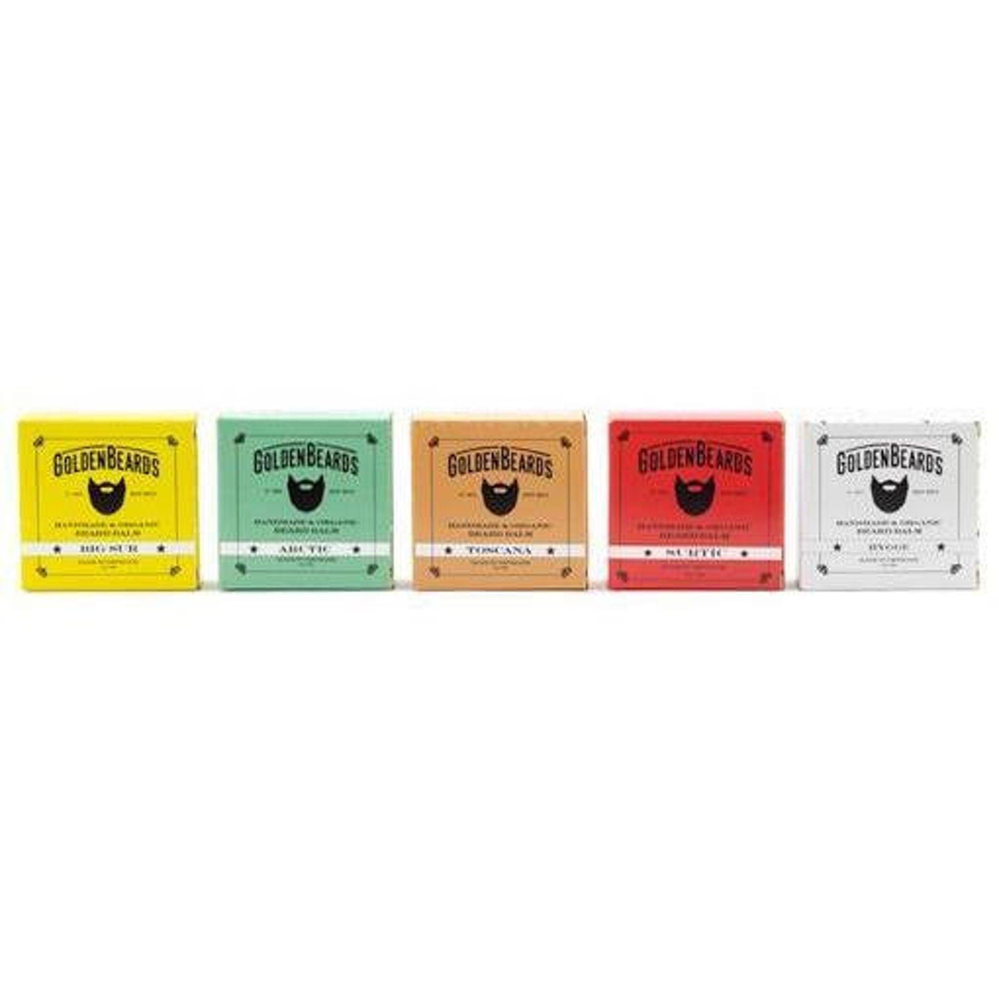 Goldenbeards beard balm in various colors, with brand name and beard illustration on boxes