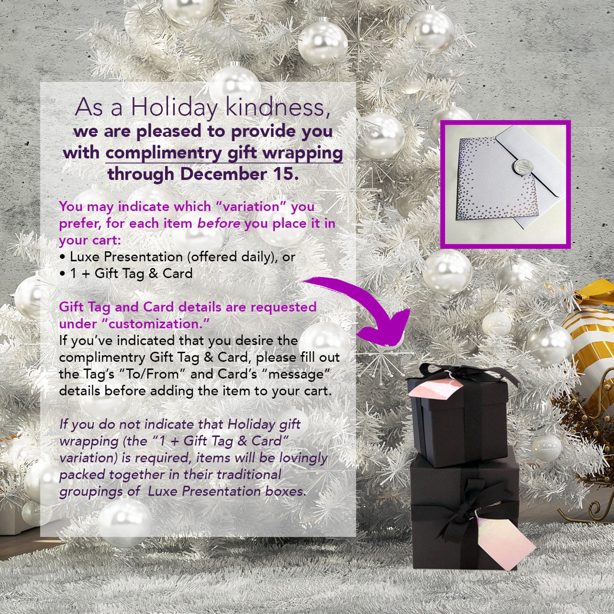 Gift wrapping information with black boxes, pink tags, and white text on a Christmas tree background