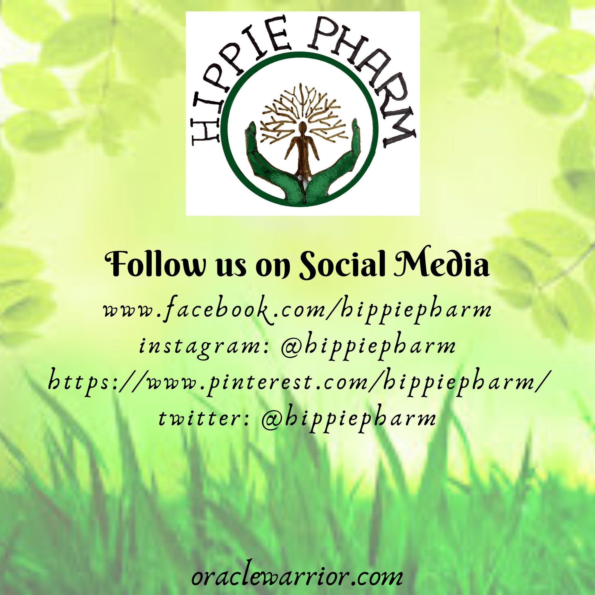 Hippie Pharm logo with green, brown, and black colors, promoting social media links for the brand