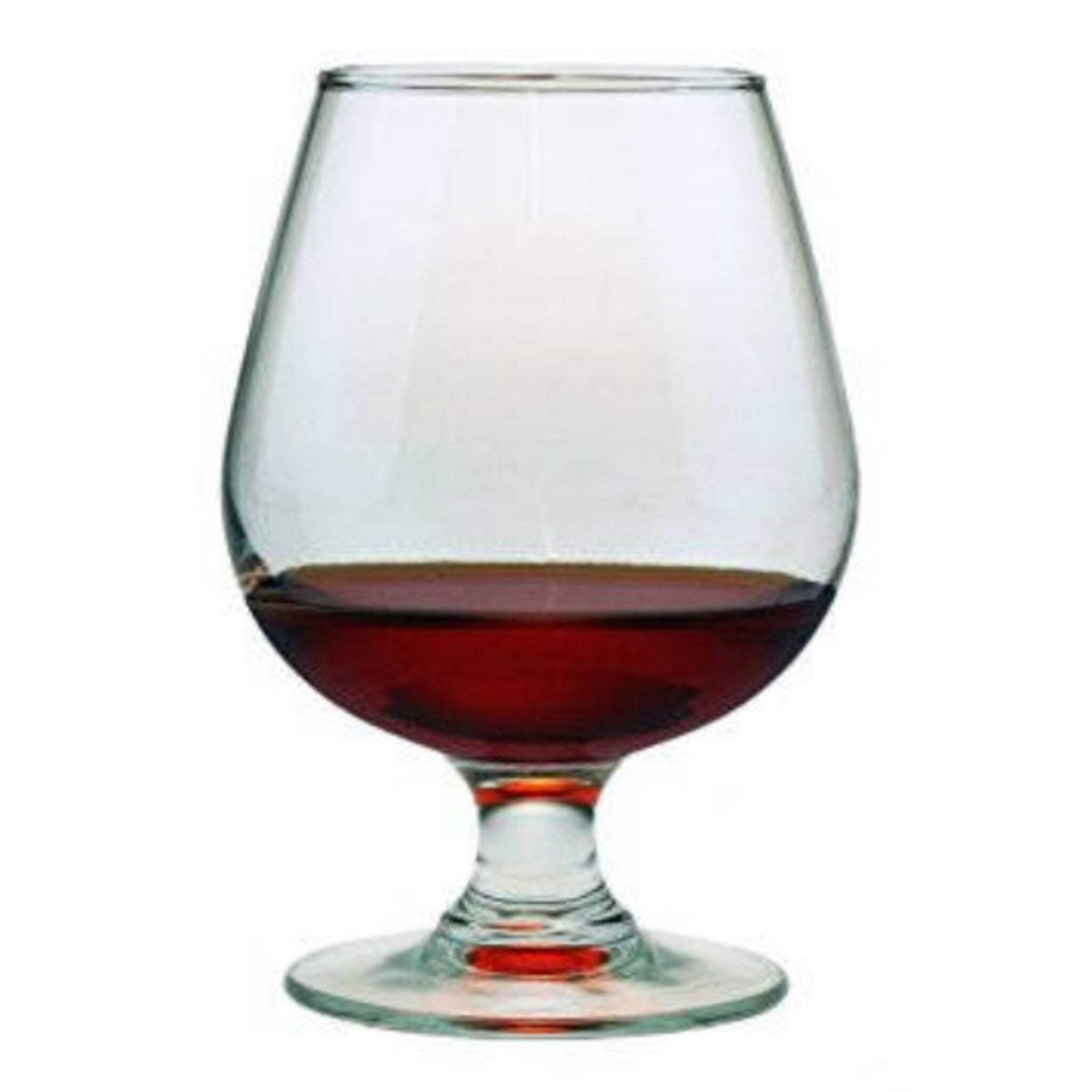 Brandy glass with clear glass bowl, red liquid, and short stem base