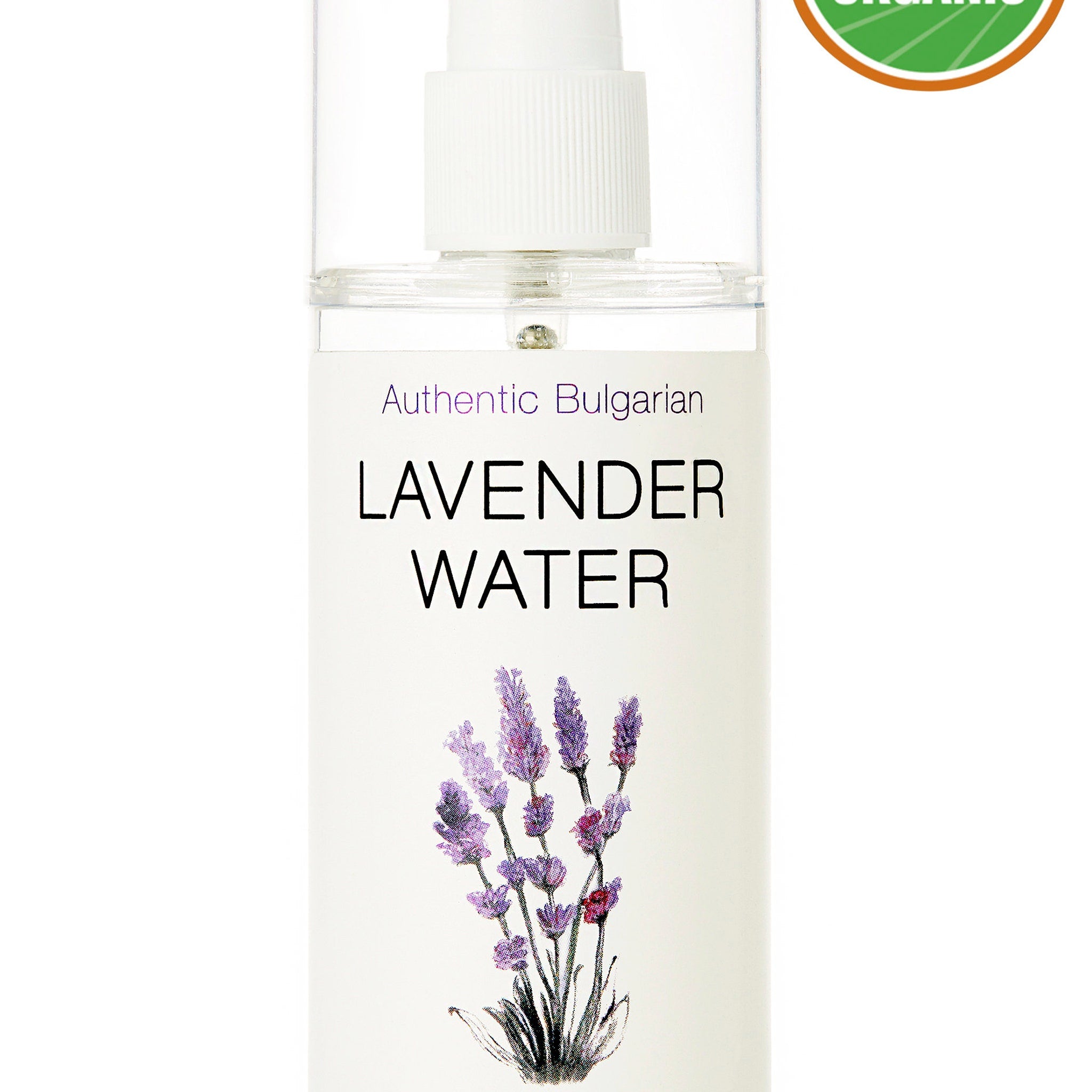 Lavender water bottle with white and transparent plastic, lavender flower illustration, and text "Lavender Water