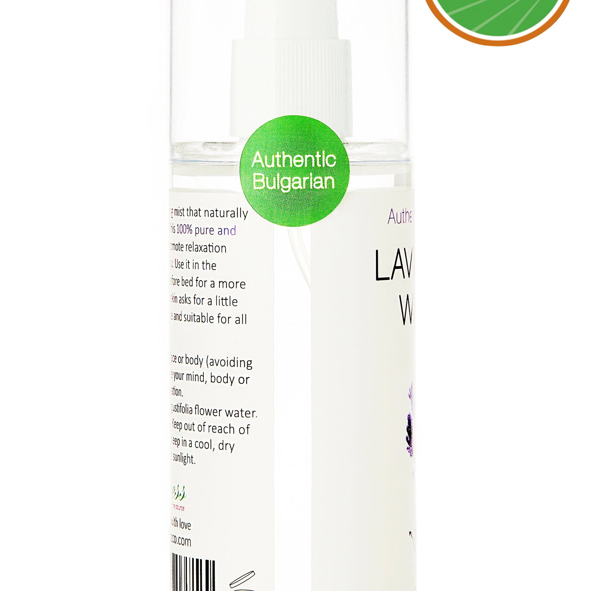 Lavender water spray bottle, clear glass, white label, green circle logo with text