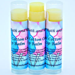 Lip balm tubes with yellow balm, blue and pink label, "Cotton Candy Lip Balm" text.