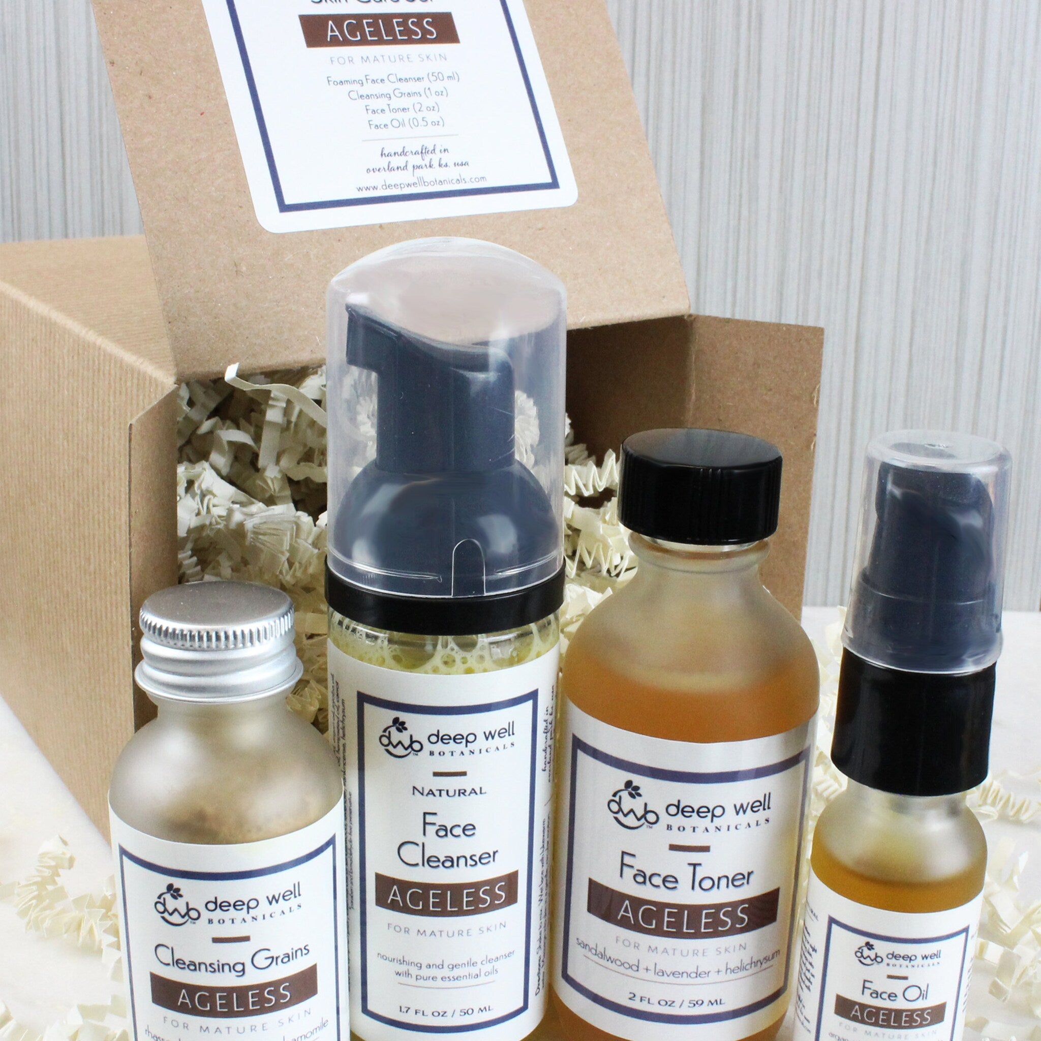 Skincare set with brown bottles, black caps, and Deep Well Botanicals labels in a box