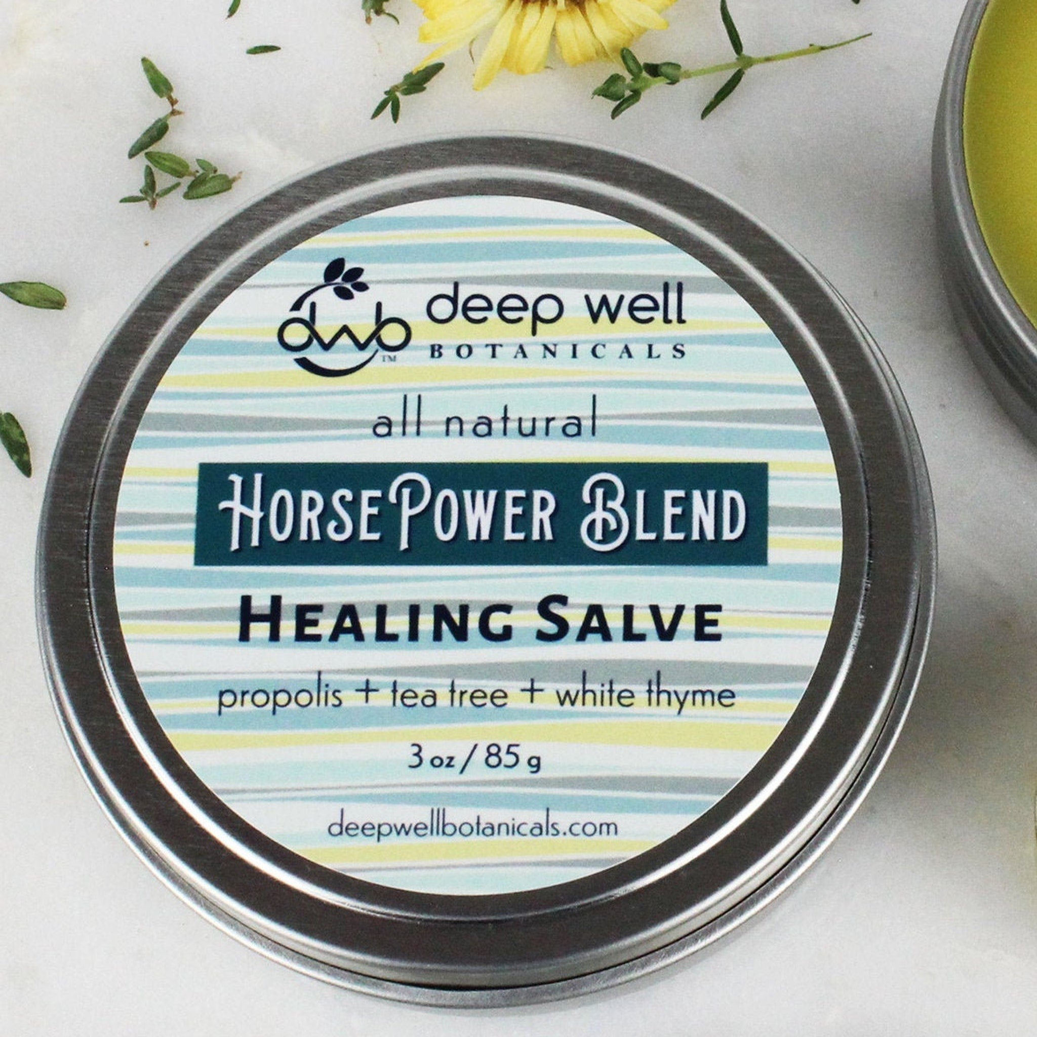 Healing salve tin with striped label, metal rim, and Deep Well Botanicals branding visible