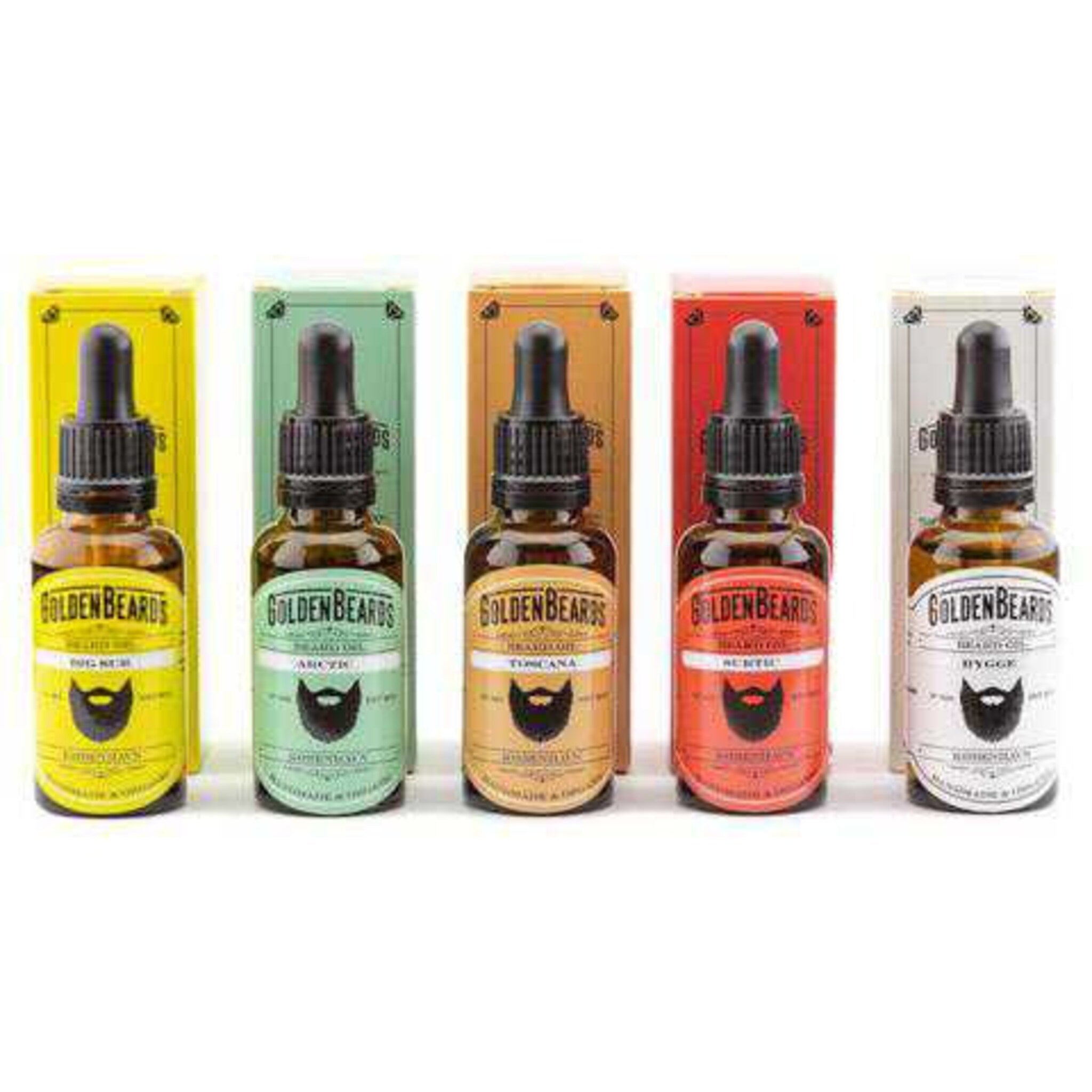 Beard oil bottles with black droppers, various colored labels, and Golden Beards branding