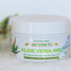 Aloe vera gel in white jar with green and orange label, Dead Sea Health brand