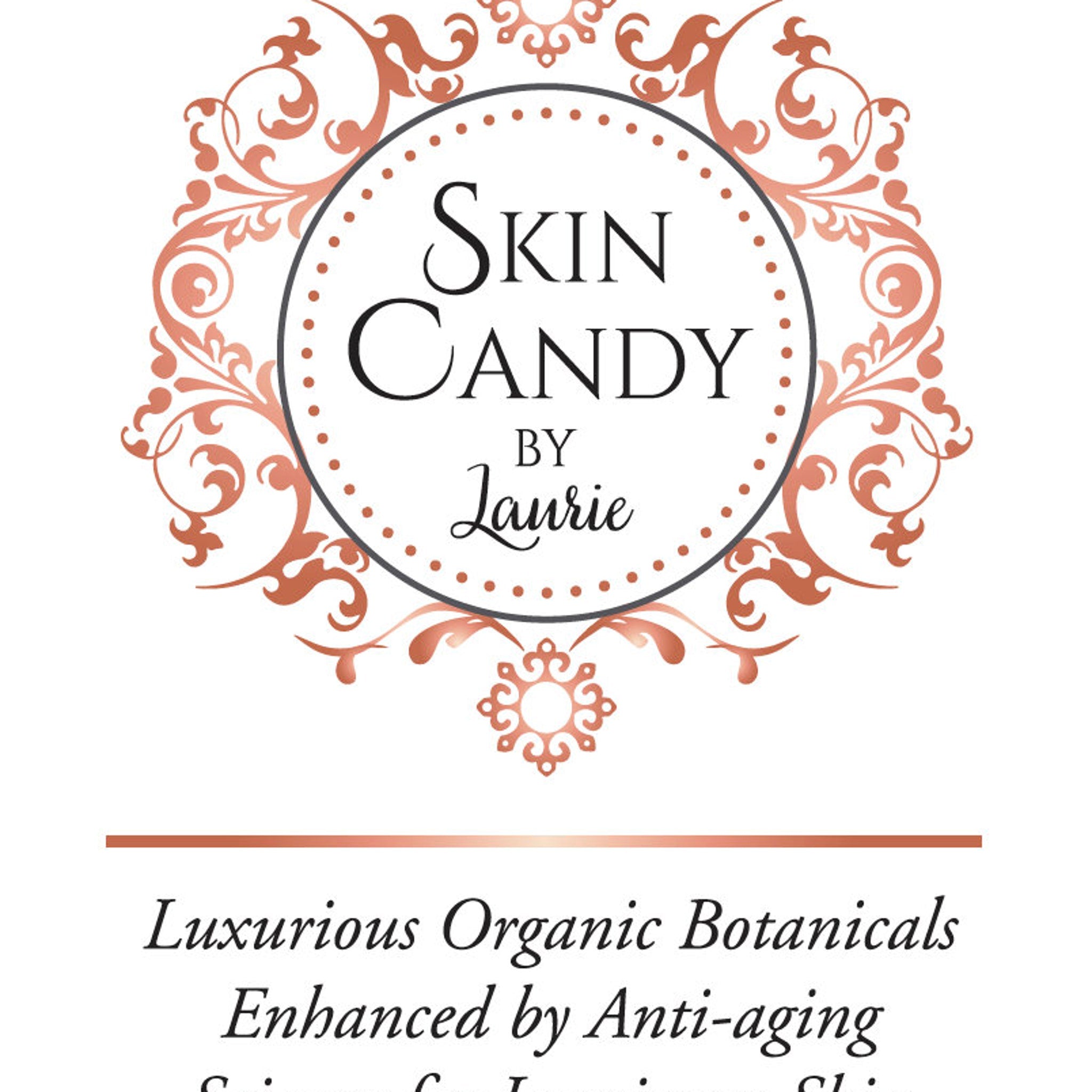 Skin Candy logo with copper floral pattern and brand name text in black and white