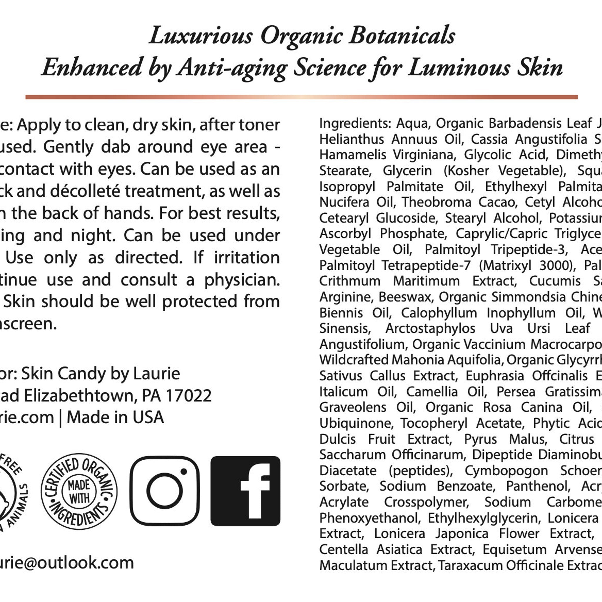 Organic skincare product label with black text on white background, featuring organic ingredients seal and social media icons.