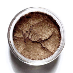Bronze metallic eyeshadow pan with shimmering brown tones in compact packaging, cruelty-free and vegan.