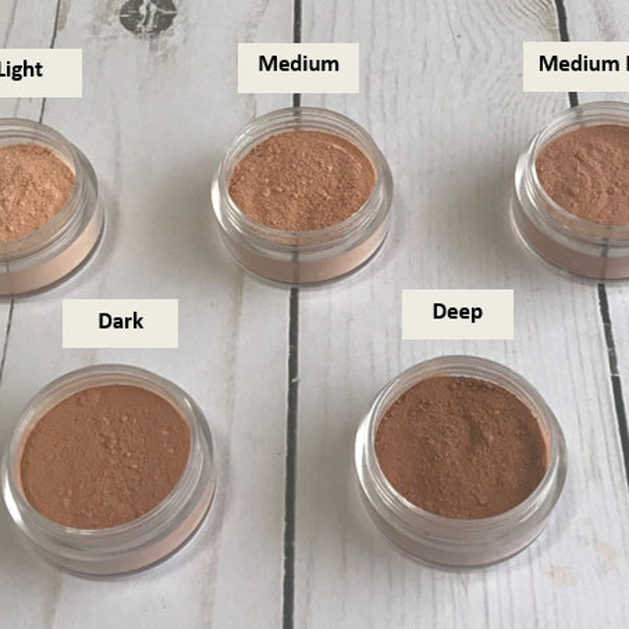 Powder makeup in light, medium, dark brown shades, in clear glass jars, Beauty by Kayla Lou