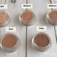 Powder makeup in light, medium, dark brown shades, in clear glass jars, Beauty by Kayla Lou