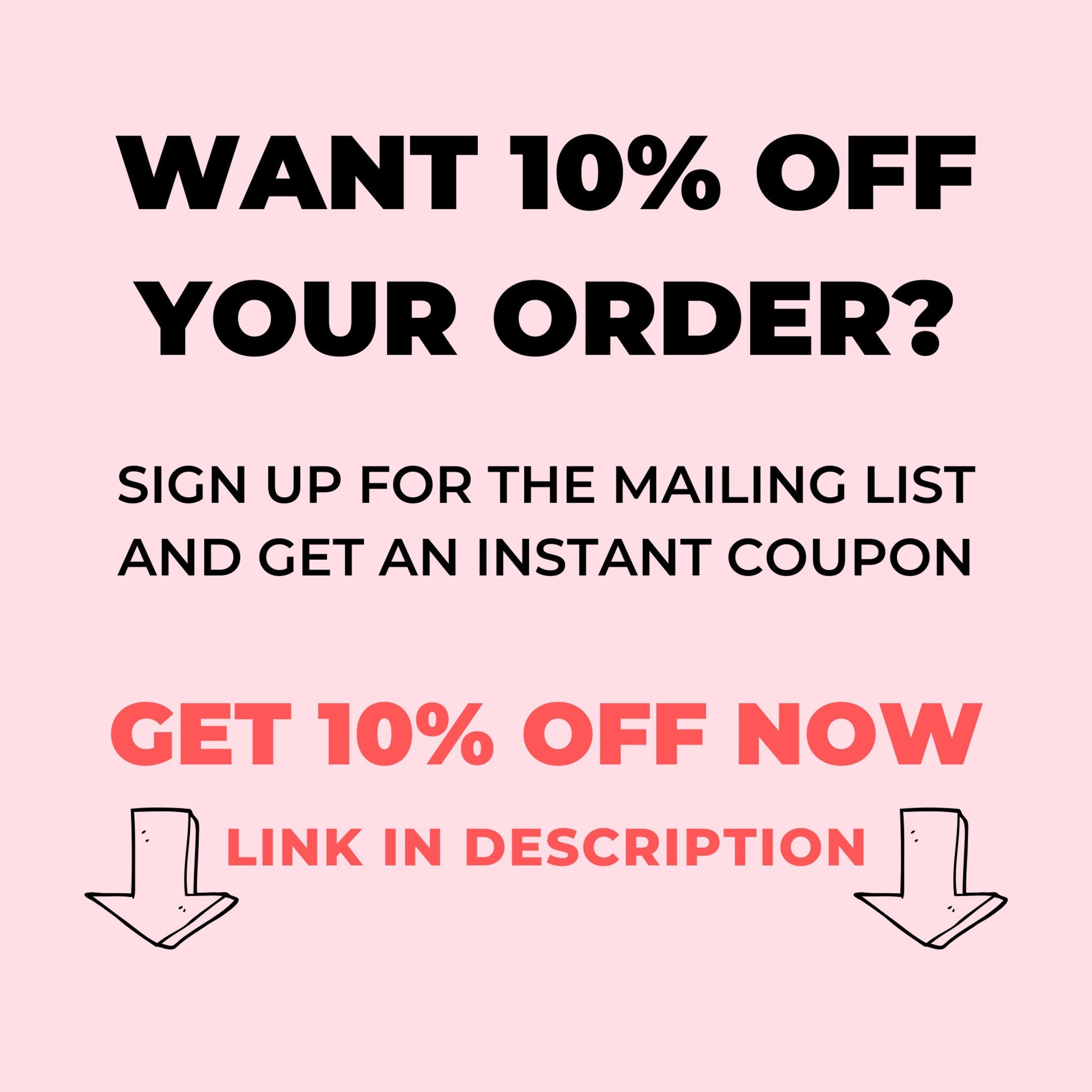 Discount offer graphic with black and red text on a pink background, with arrows pointing down to link