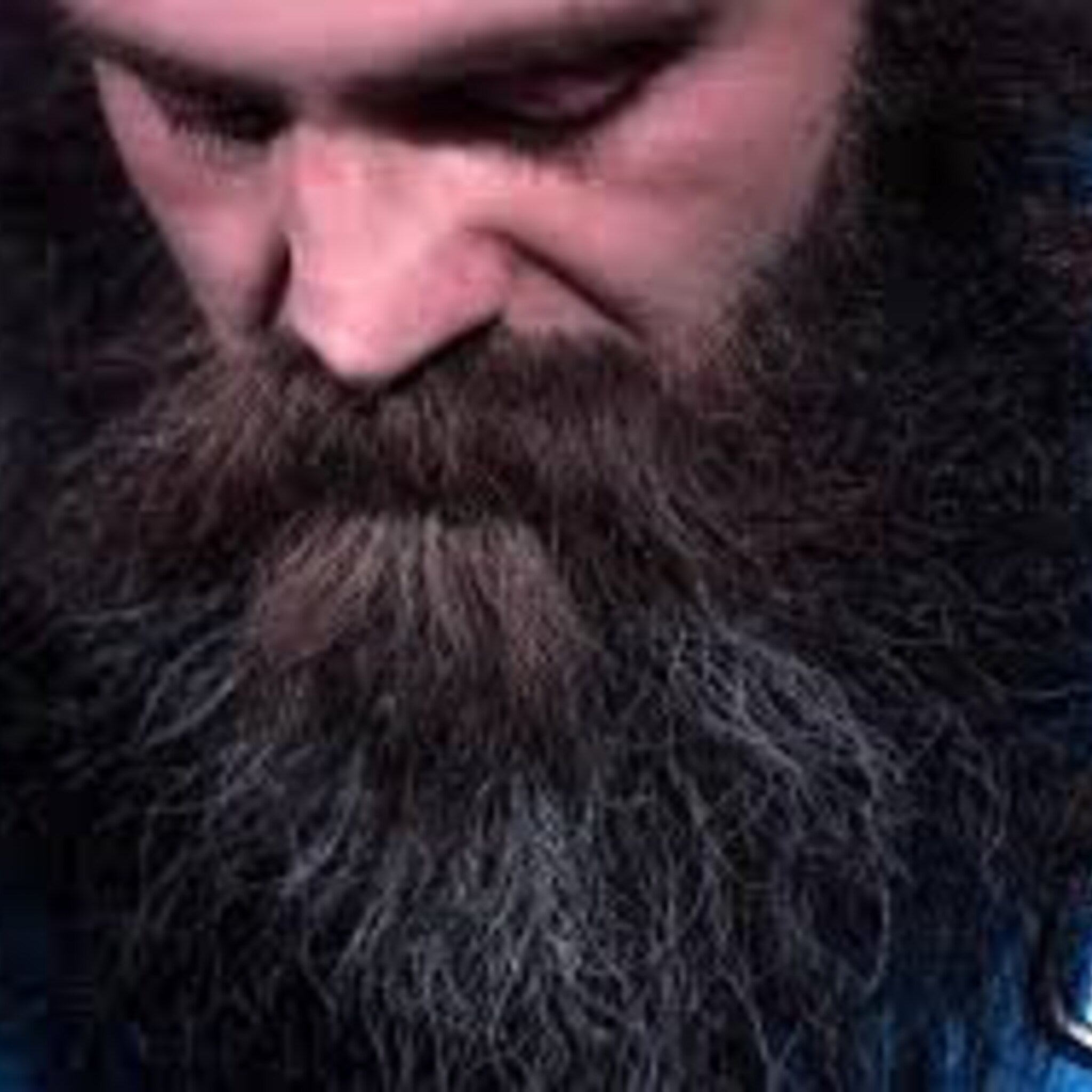 Beard, dark brown and gray hair, close-up of a man's face, looking down