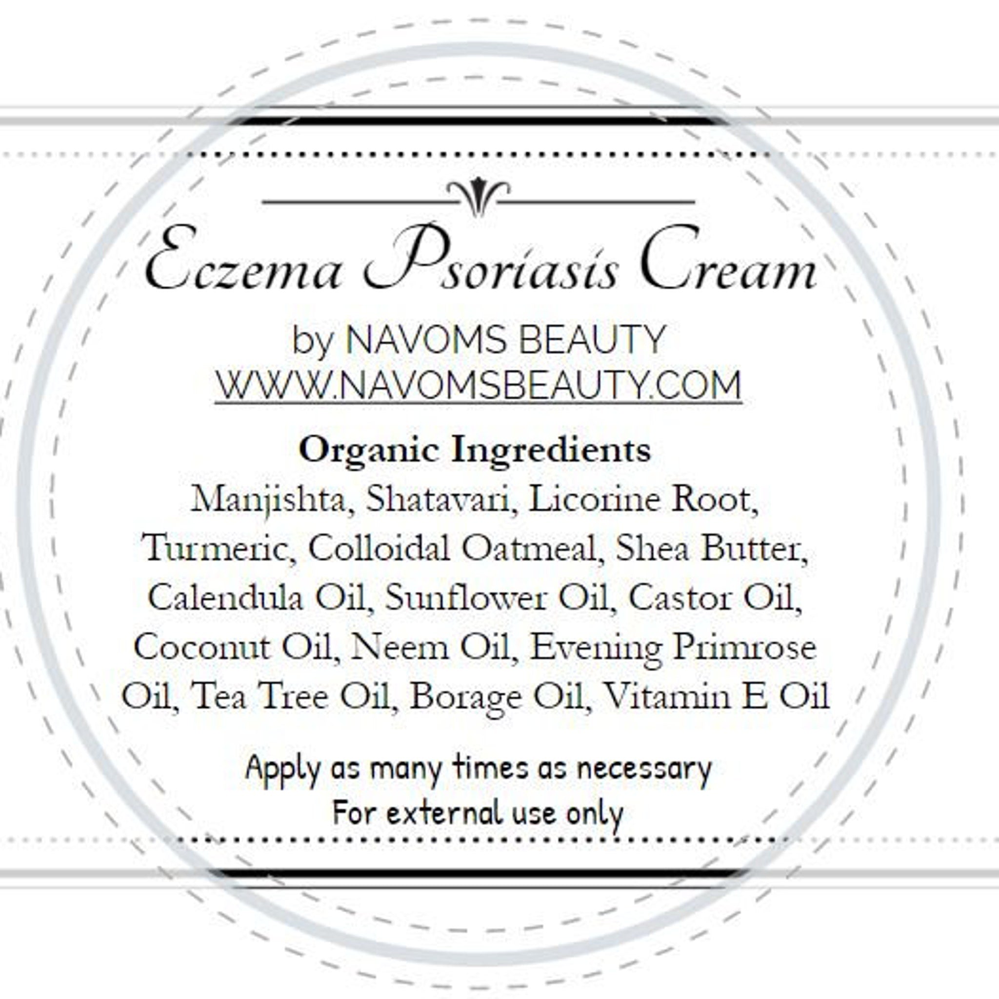 Eczema Psoriasis Cream label with black text, white background, and NAVOMS BEAUTY brand name