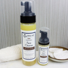 Foaming facial cleanser bottles, clear plastic and black pump, Deep Well Botanicals labels