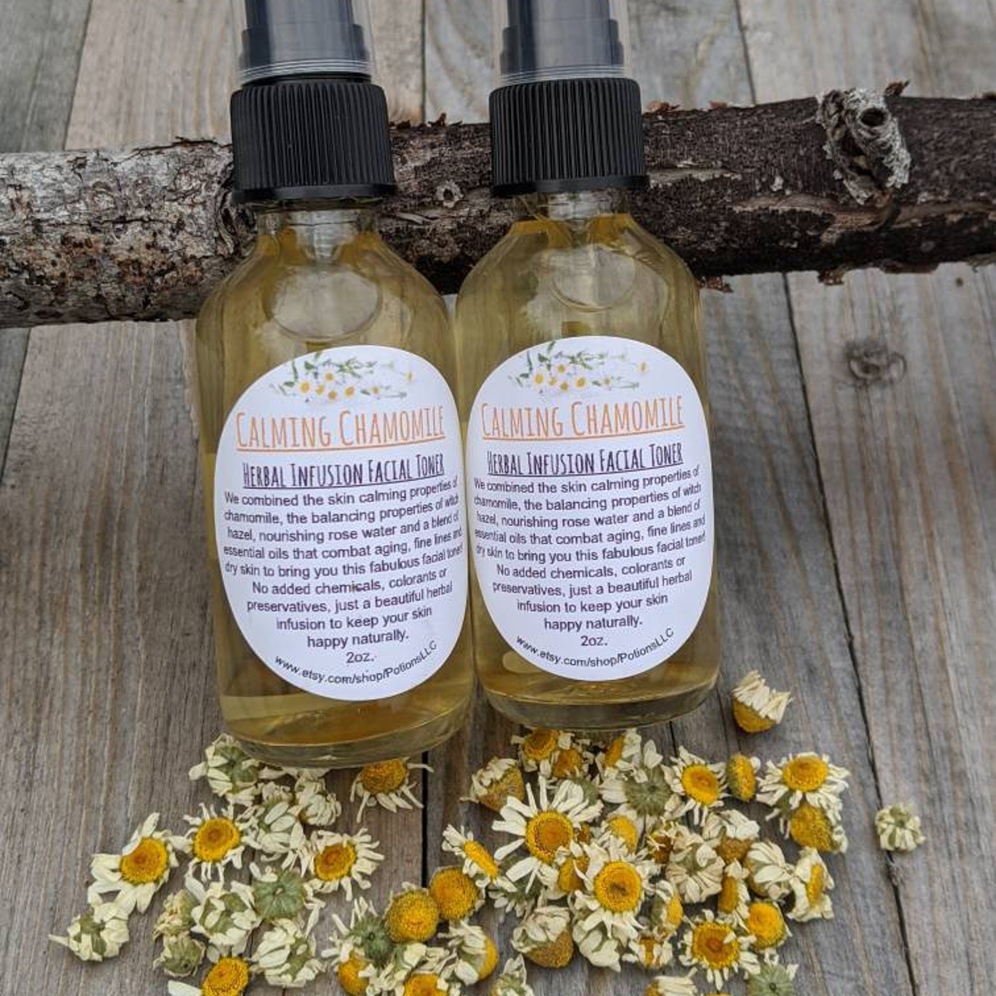 Facial toner bottles with black caps, clear liquid, and white labels on wood surface