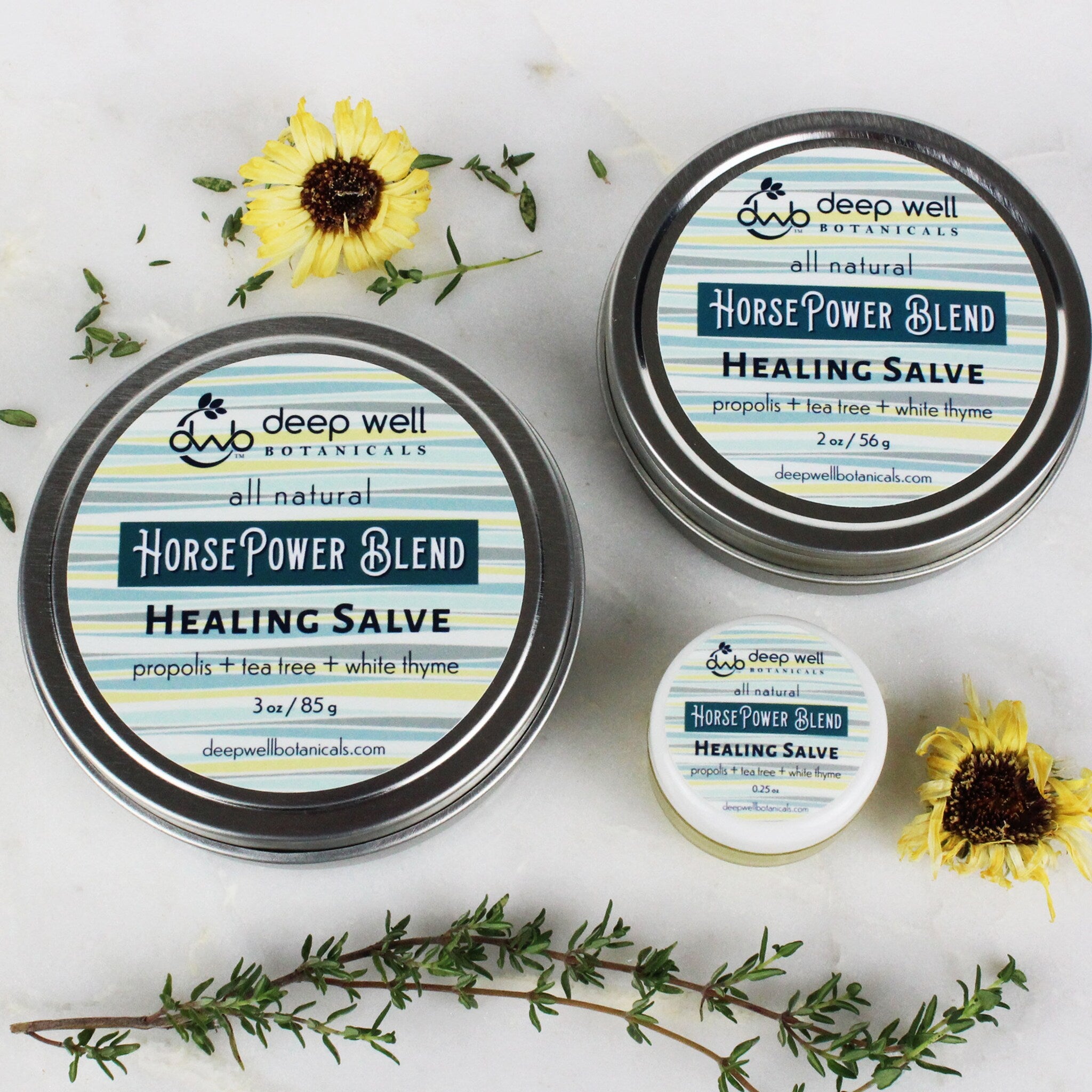 Healing salve tins, metal containers with blue and white striped labels, Deep Well Botanicals brand