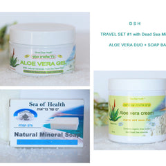 Aloe vera cream and soap set, white containers with green labels, Sea of Health brand visible