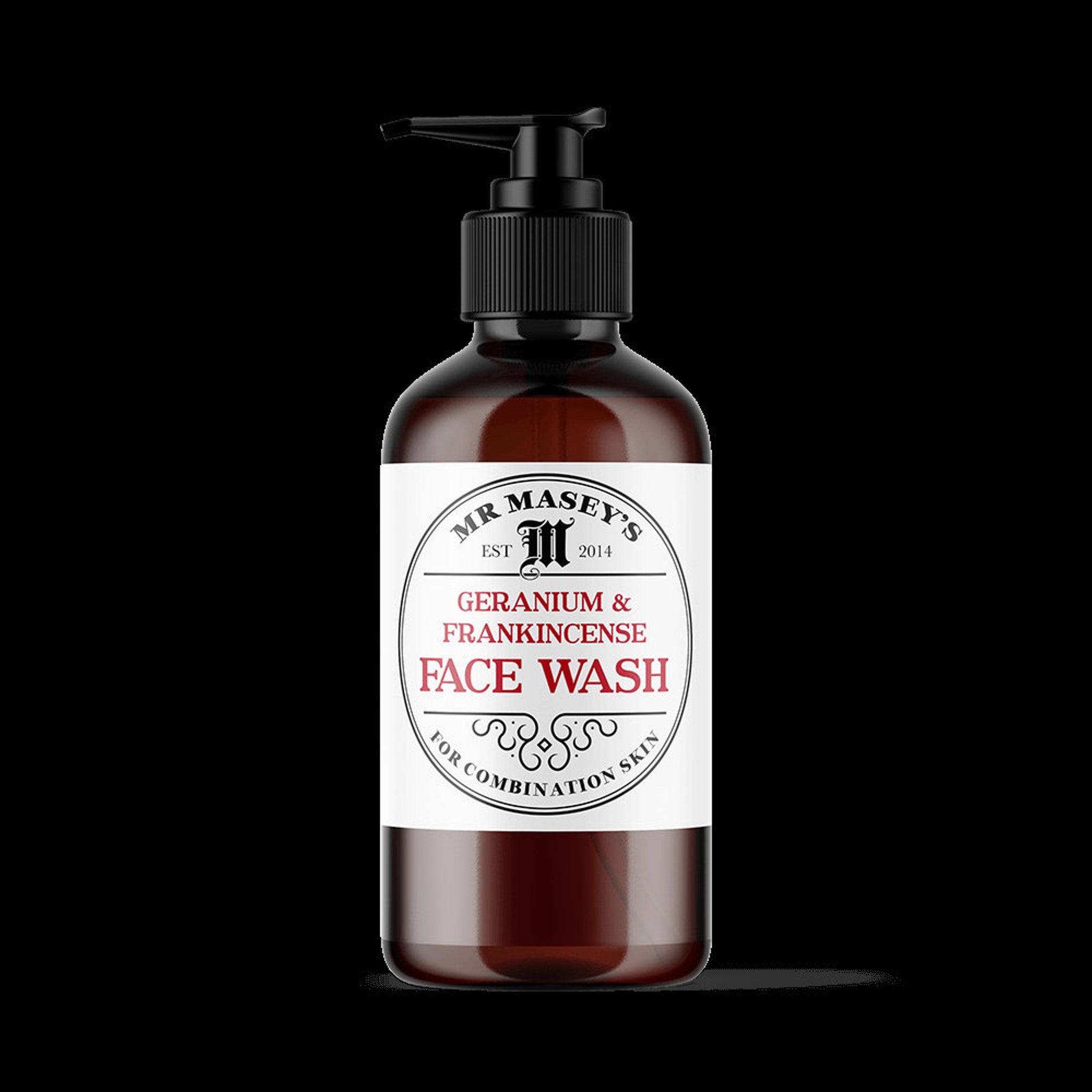 Face wash bottle with brown glass, black pump, and white label with text "Mr Masey's
