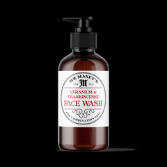 Face wash bottle with brown glass, black pump, and white label with text "Mr Masey's