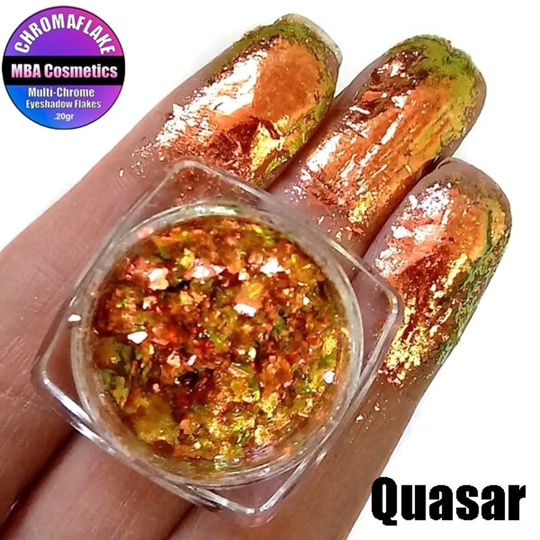 Close-up of Quasar Chromaflake Multichrome Eyeshadow Flakes in a jar, showcasing iridescent color-shifting pigments.