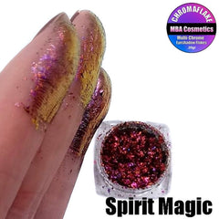 Close-up of multichrome eyeshadow flakes shimmering with shifting rainbow hues and reflective glitter particles