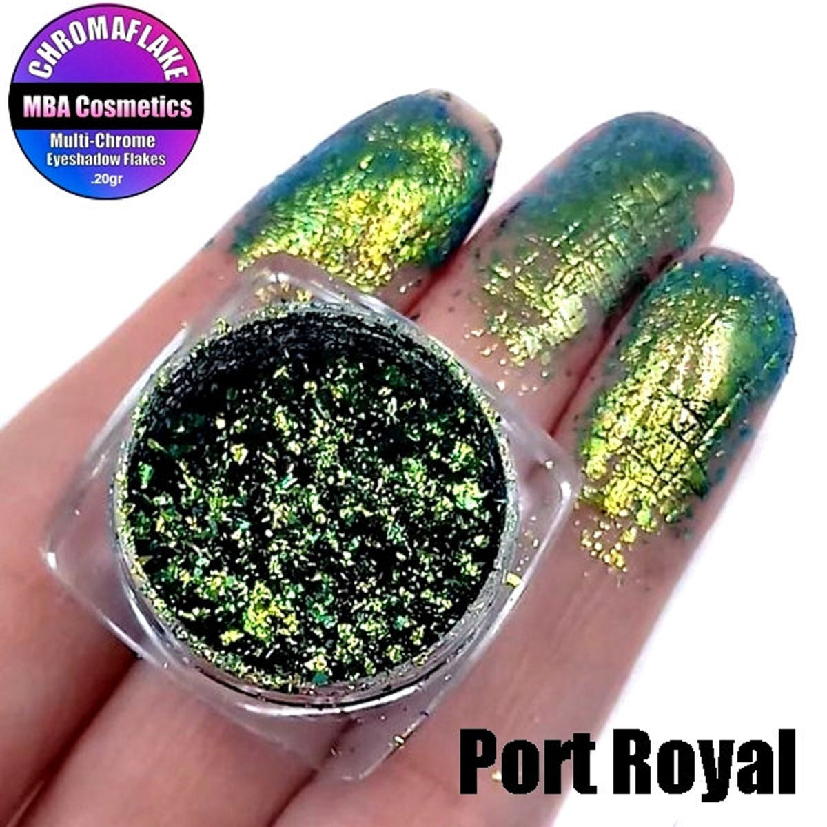 Close-up of Chromaflake Multichrome Eye Shadow Flakes in Port Royal, showing iridescent blue-purple shift in jar