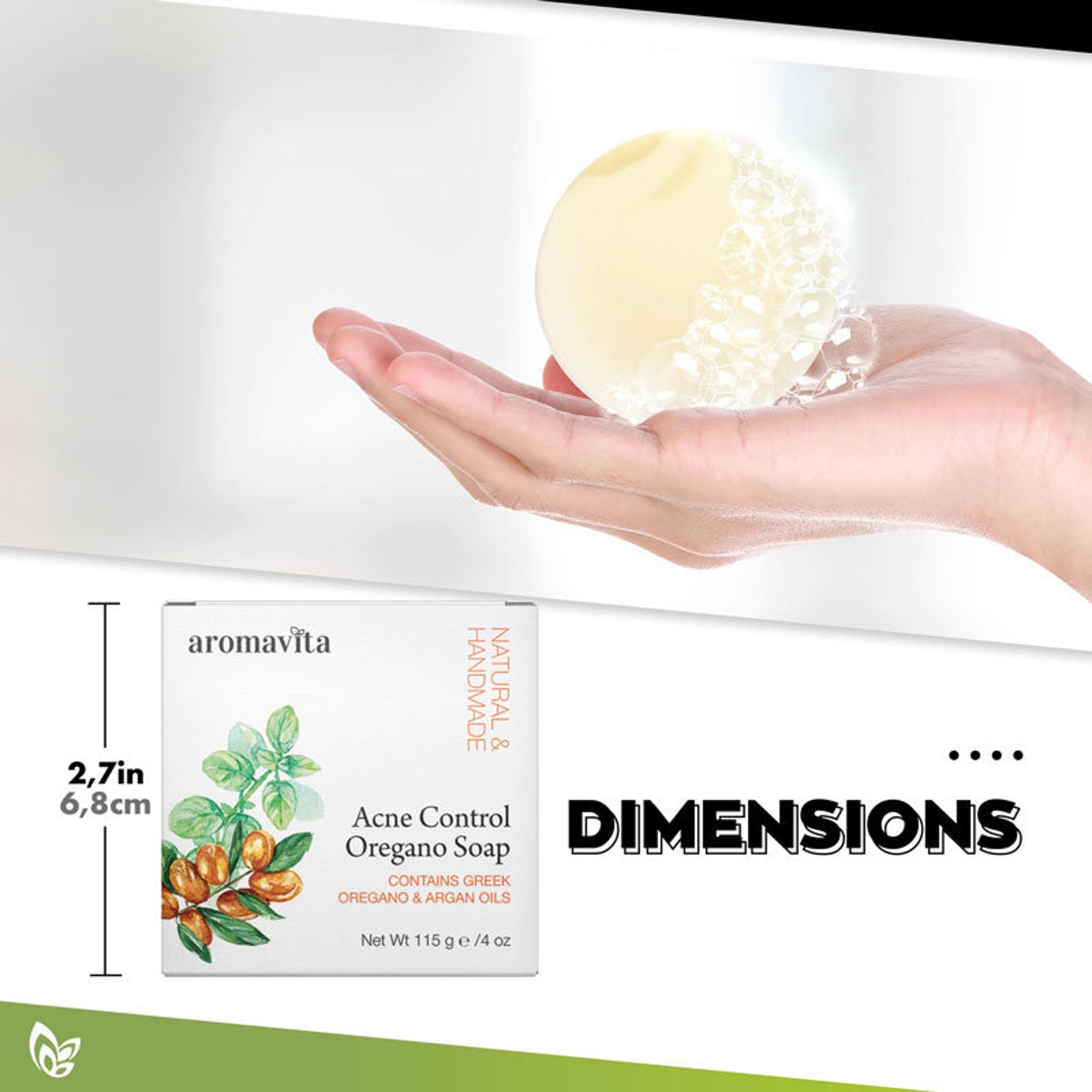 Soap bar held in hand, round yellow soap with bubbles, aromavita soap box with dimensions shown