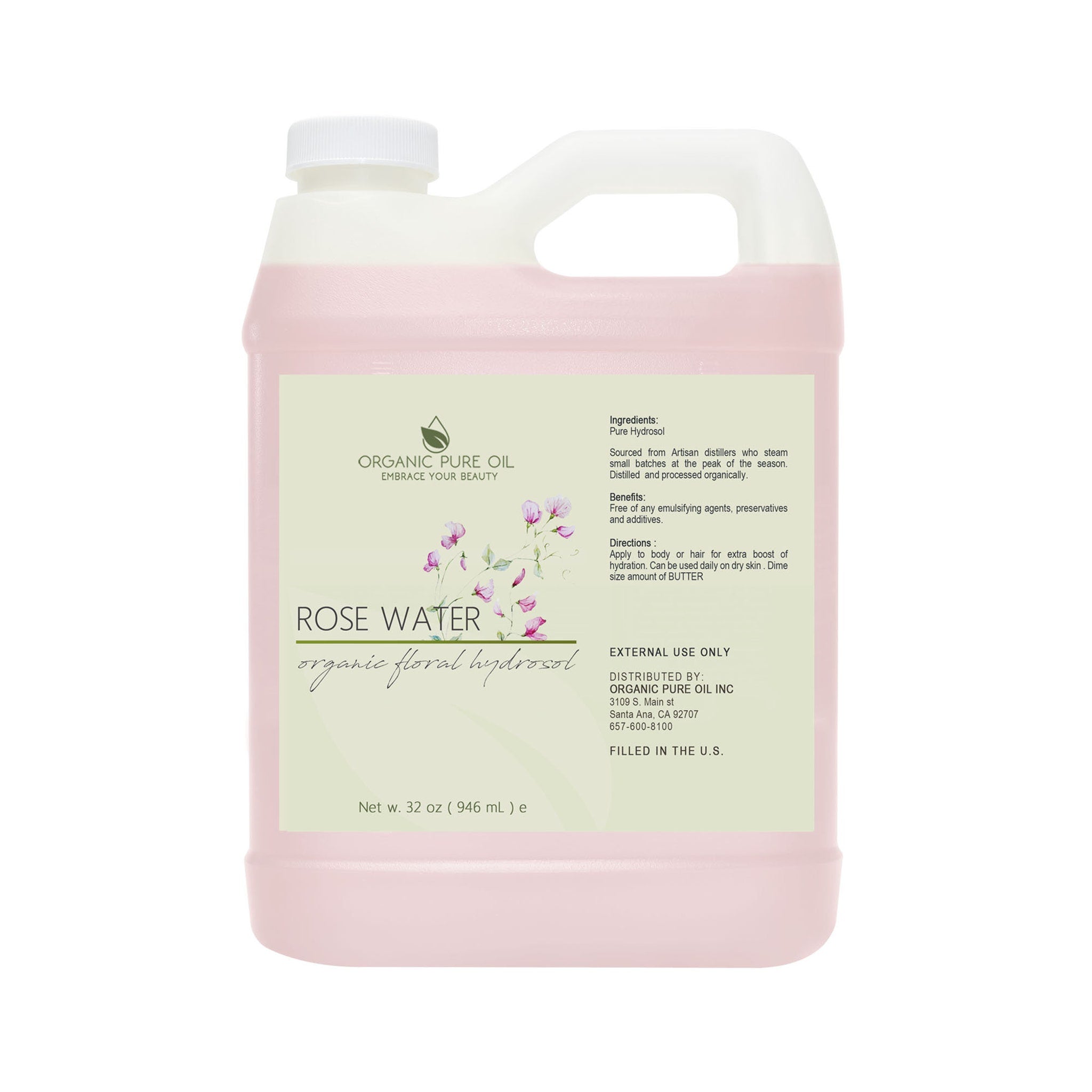 Rose water bottle, pink liquid, white plastic bottle with handle, Organic Pure Oil brand