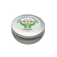 Vegan salve in silver metal tin with white label and text "Plant Magic