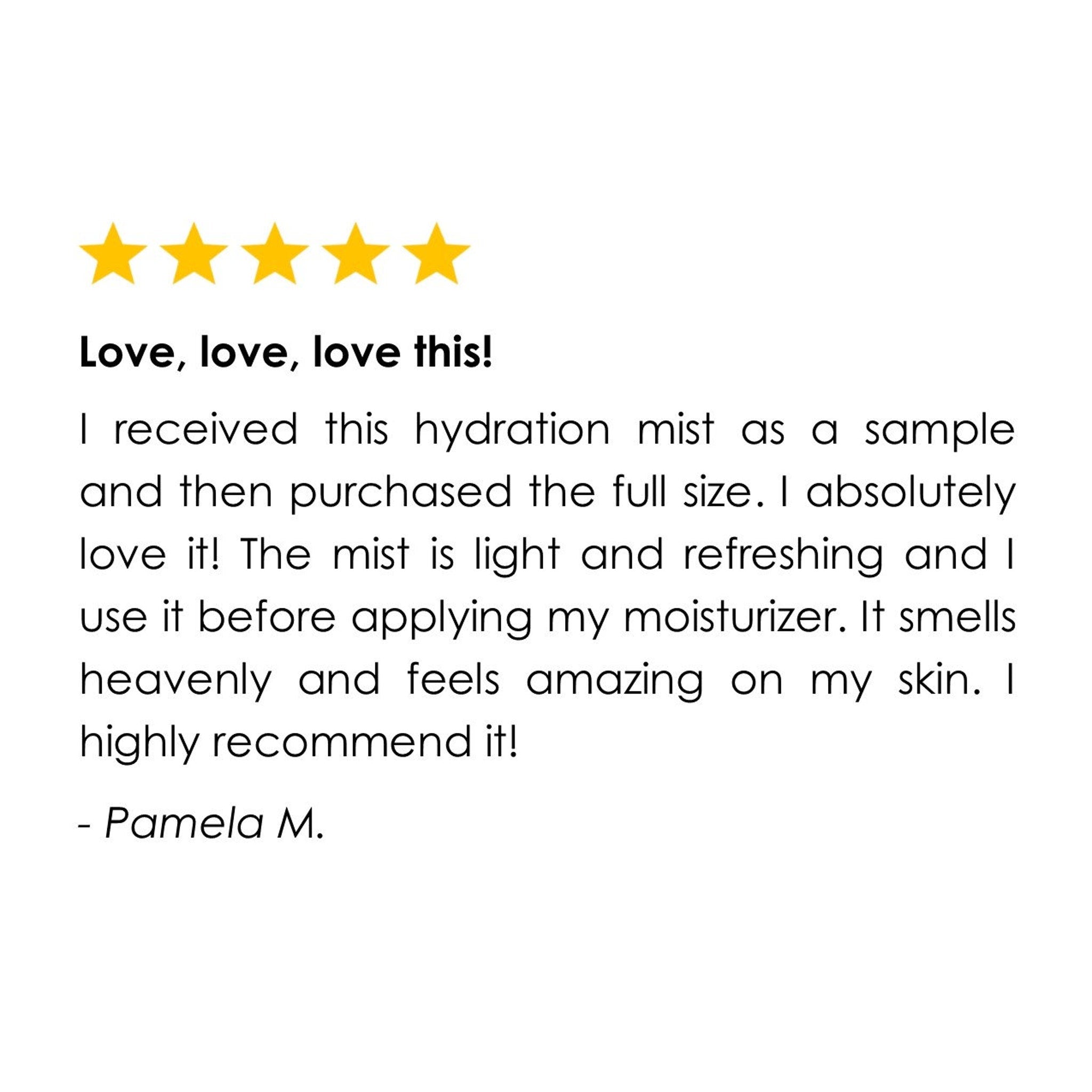 Customer review with five yellow stars and black text on white background