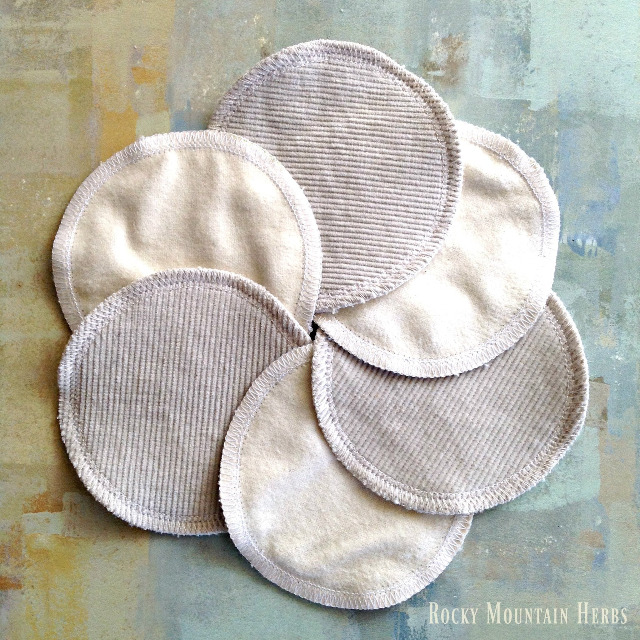 Reusable nursing pads, beige corduroy and soft fabric, stitched edges, Rocky Mountain Herbs brand