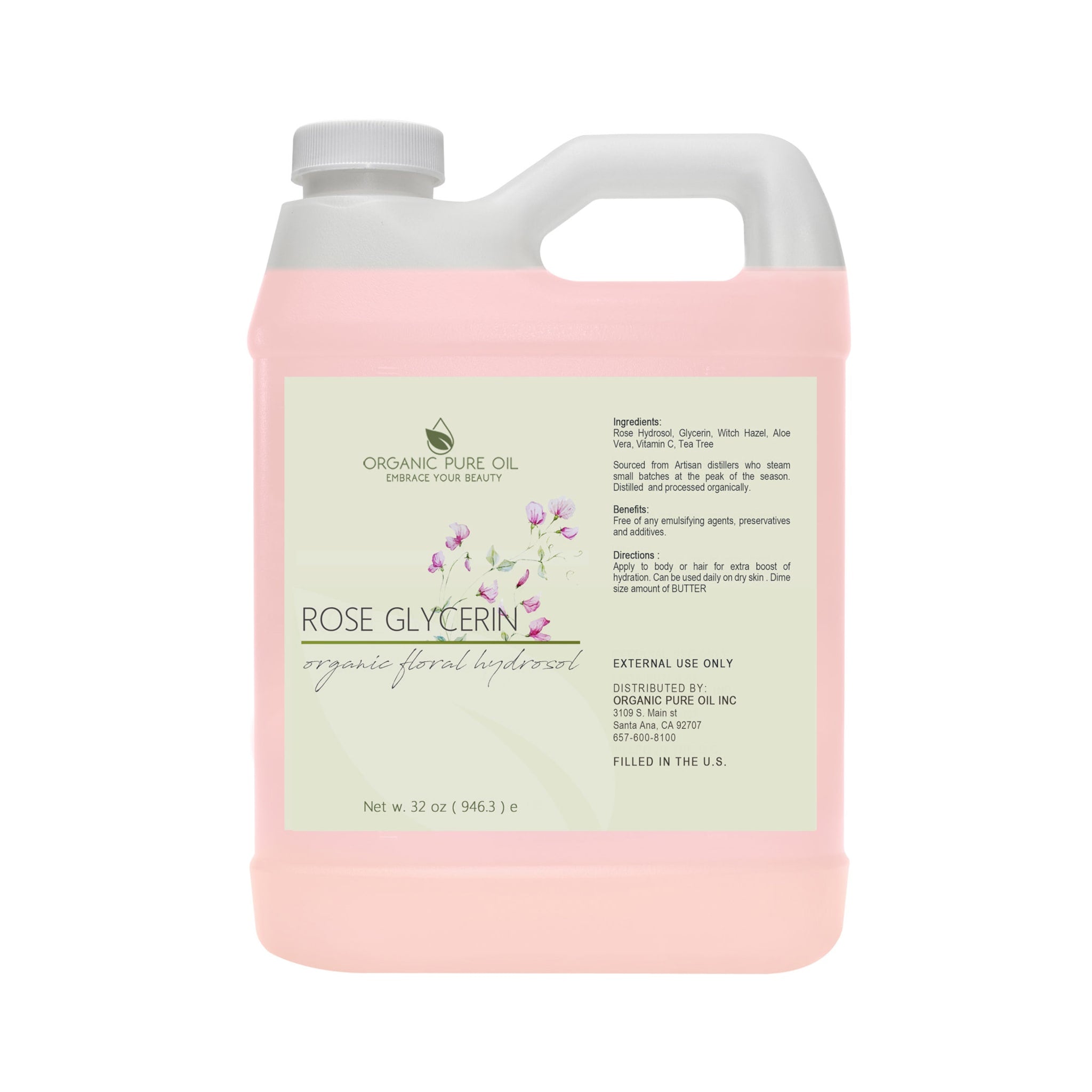 Rose Glycerin bottle, pink liquid, white plastic bottle, Organic Pure Oil label visible