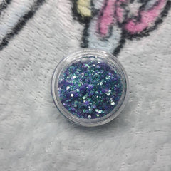 Close-up of iridescent mermaid scales eye shadow with shimmering teal and purple hues