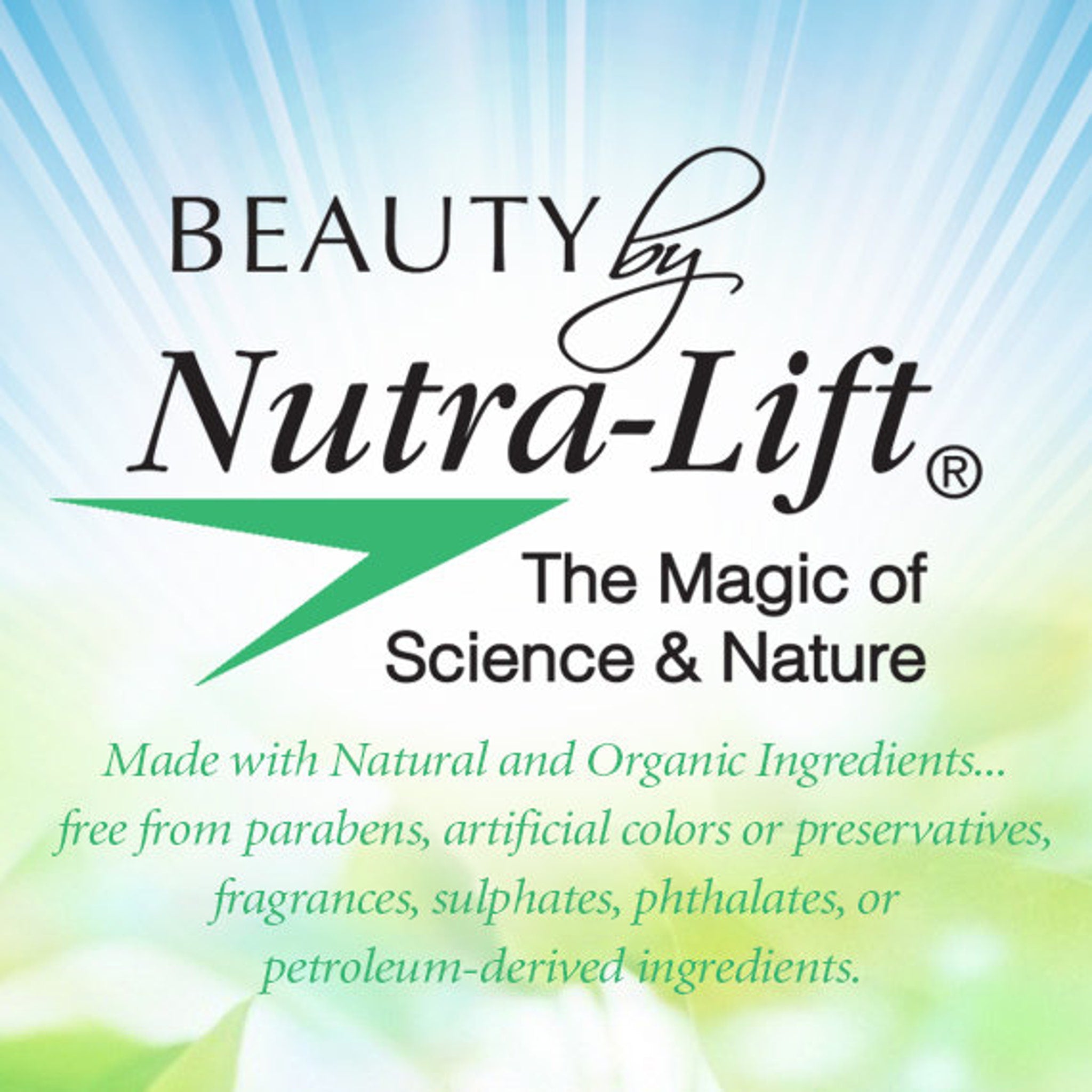 Nutra-Lift logo with black text, green accent, and blue background with text about ingredients