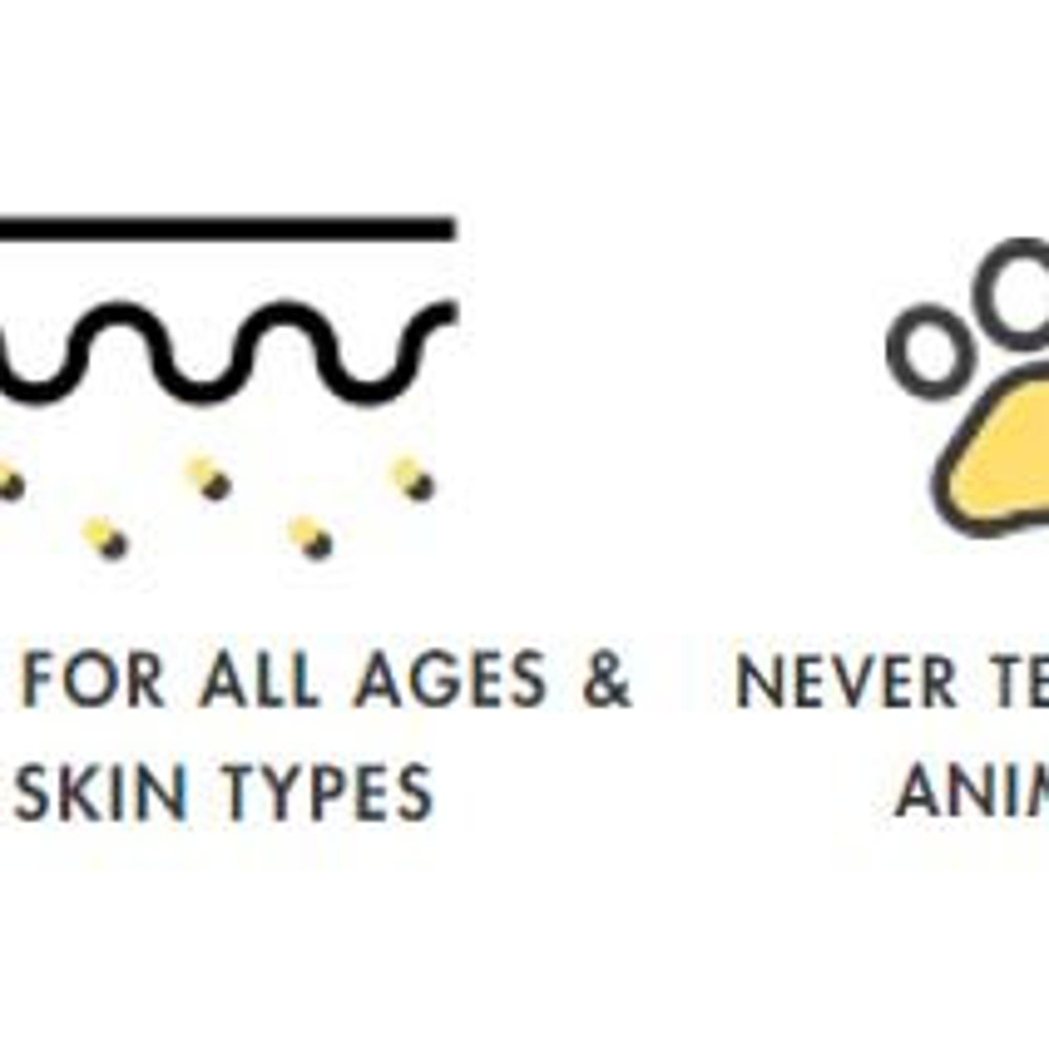 Black and yellow icons with text, skin and paw print, white background, for all ages and skin types