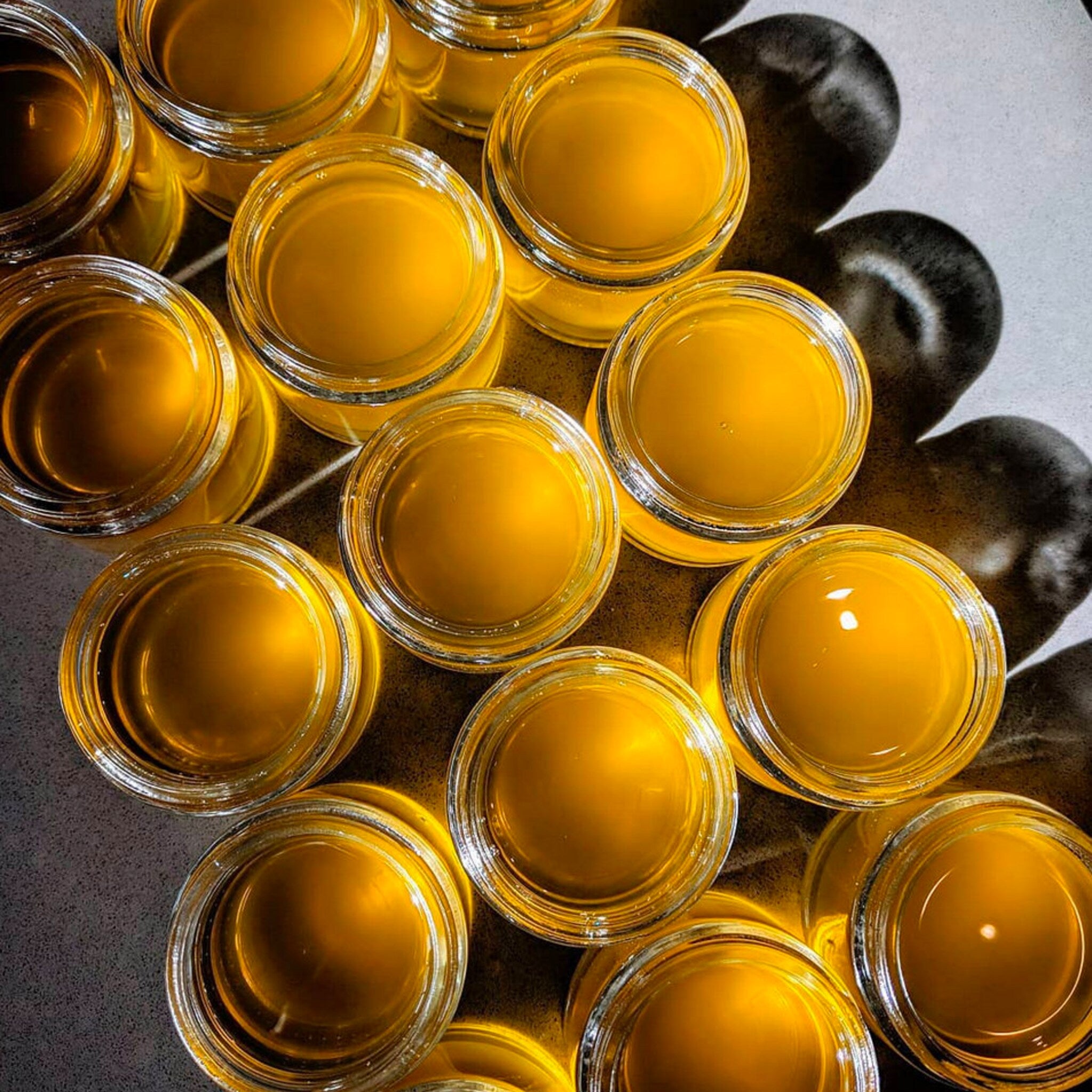 Honey jars with yellow liquid, clear glass, and circular arrangement