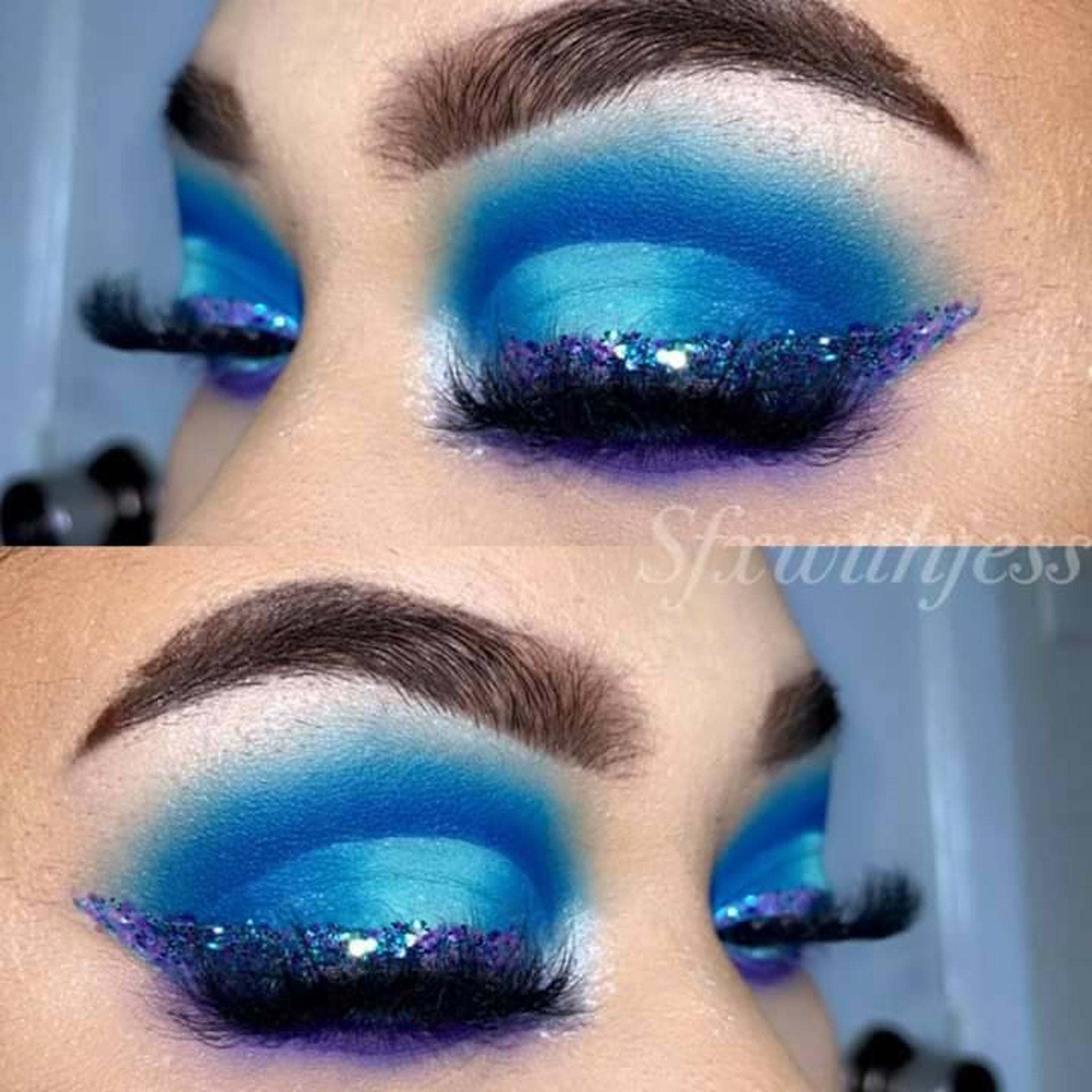 Side view of iridescent mermaid scales eye shadow palette showing gradient blues and greens