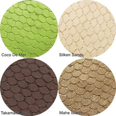 Eyeshadow palette with green, beige, brown, and gold scale pattern, Coco De Mer, Silken Sands, Takamaka Rum, and Mahe Island text