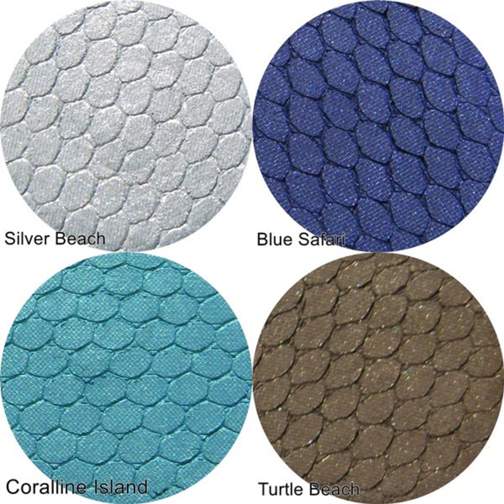 Eyeshadow swatches in silver, blue, teal, and brown with scale pattern, named Silver Beach, Blue Safari, Coralline Island, and Turtle Beach