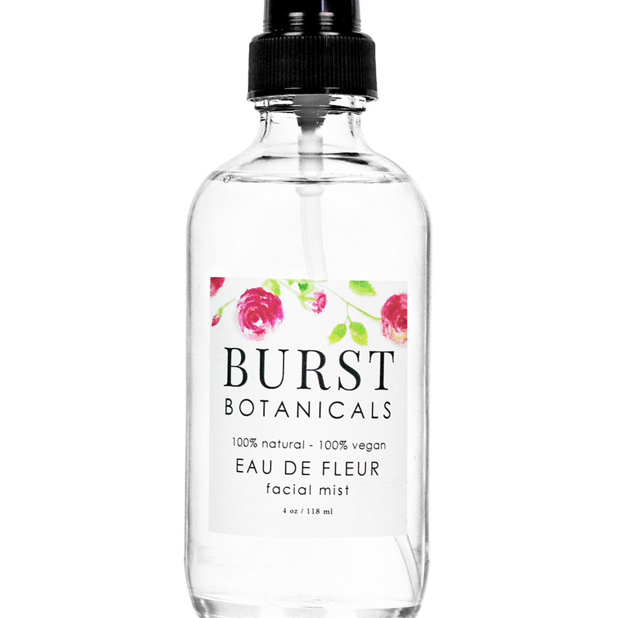 Facial mist bottle with black pump, clear glass, and white label with floral design and text BURST BOTANICALS