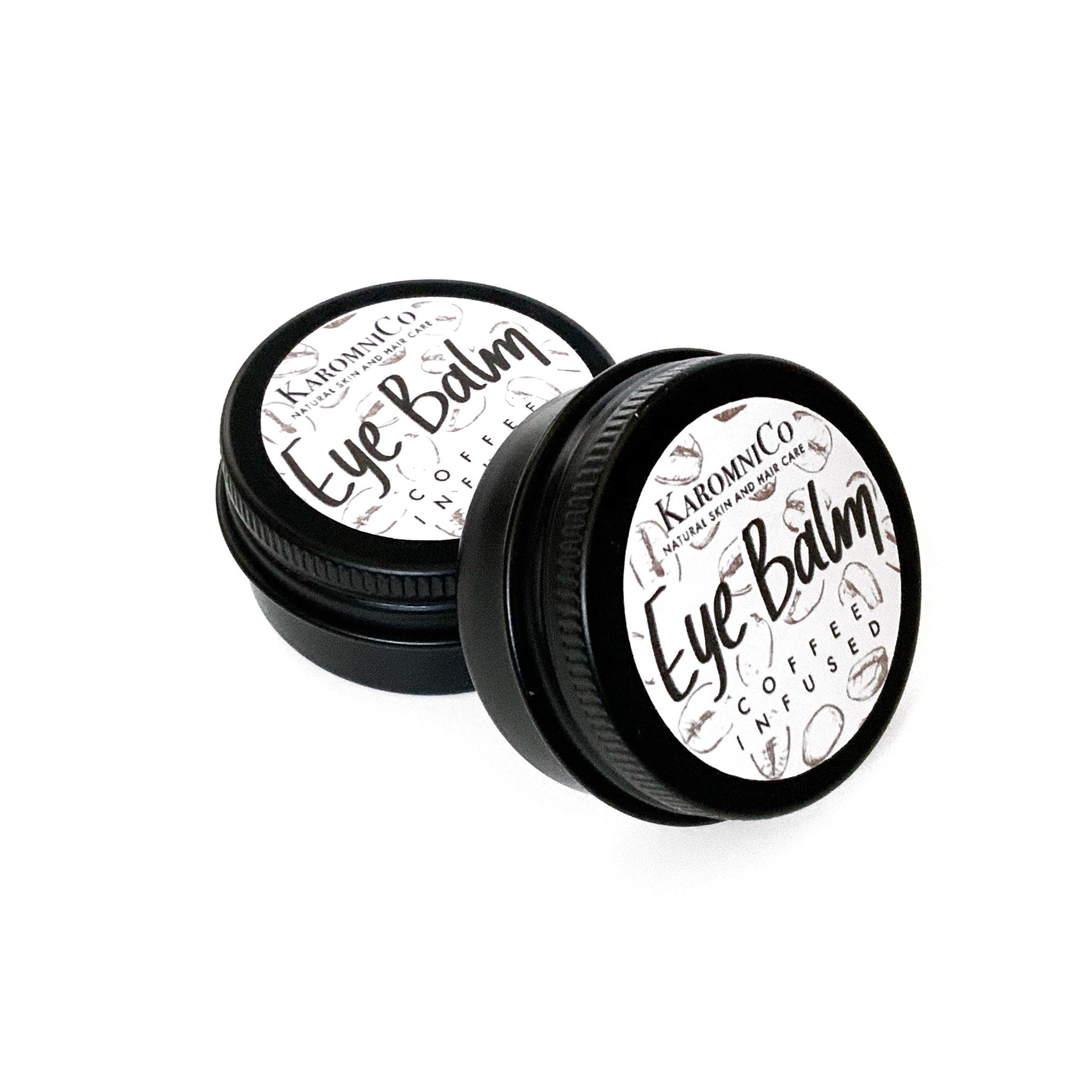 Eye balm jars with black lids and white labels, coffee infused, KAROMNICO brand name visible