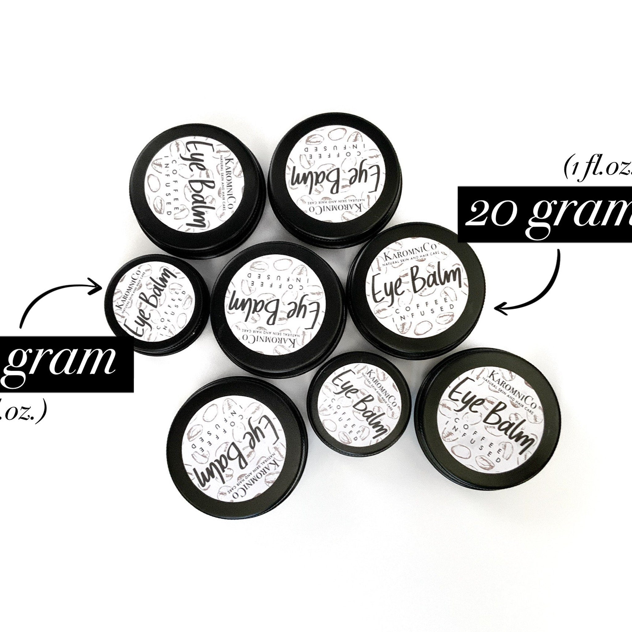 Eye balm tins, black metal containers with white labels, KaromniCo branding visible, coffee infused product