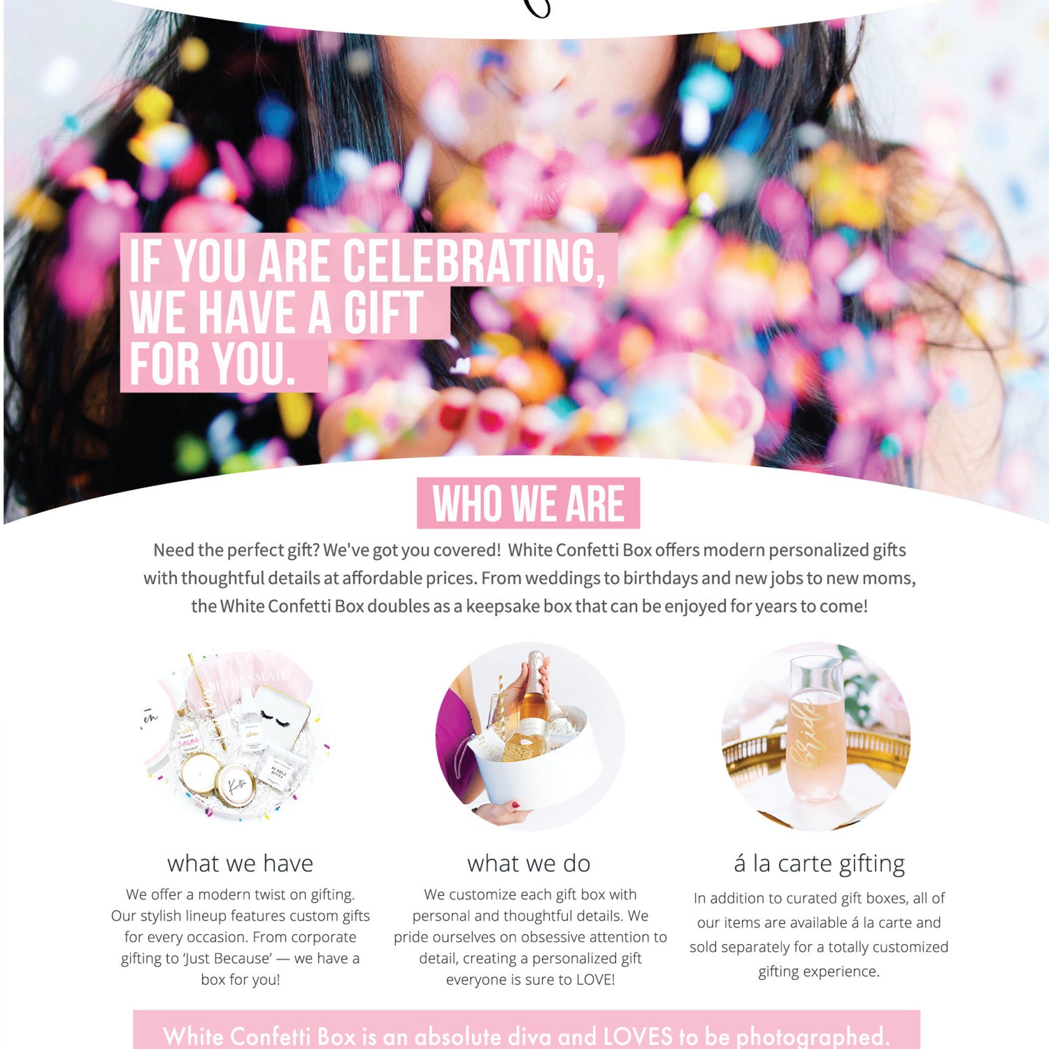 Gift box advertisement with pink text and confetti, featuring White Confetti Box brand