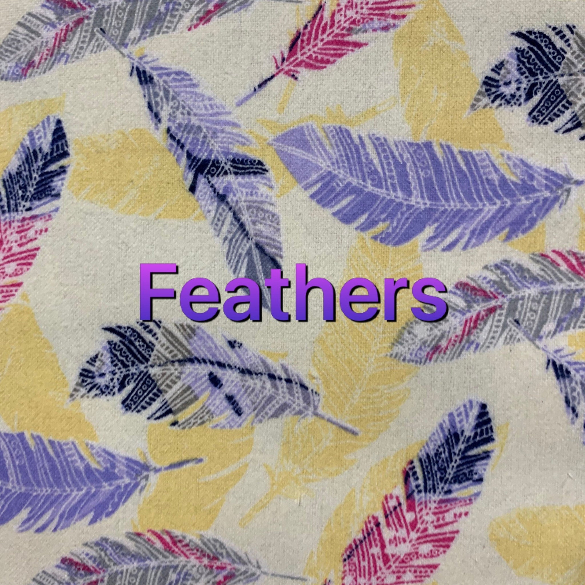 Feather pattern fabric with purple, yellow, and pink feathers on off-white background