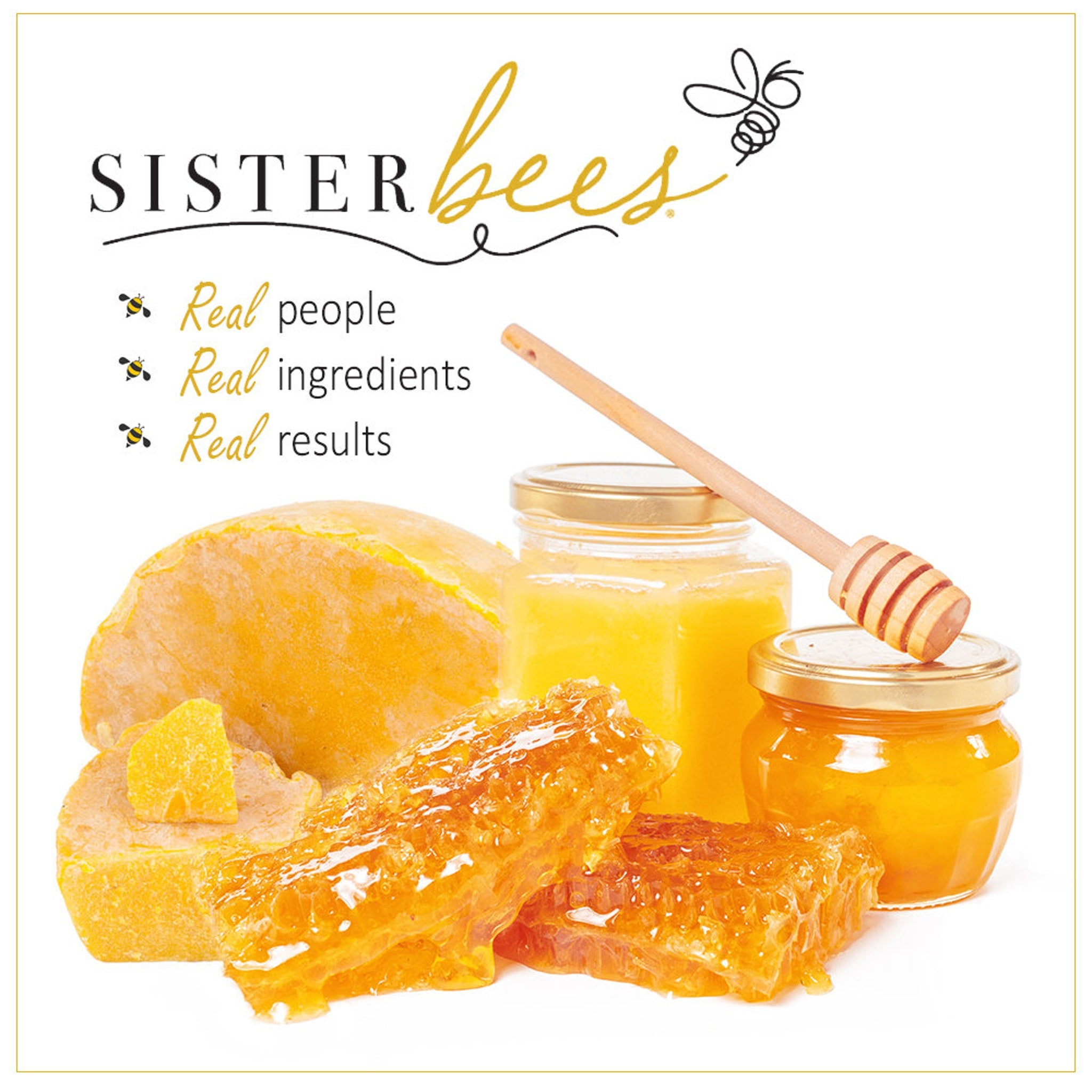 Honey jars with golden liquid, honeycomb, and a wooden honey dipper, Sister Bees brand