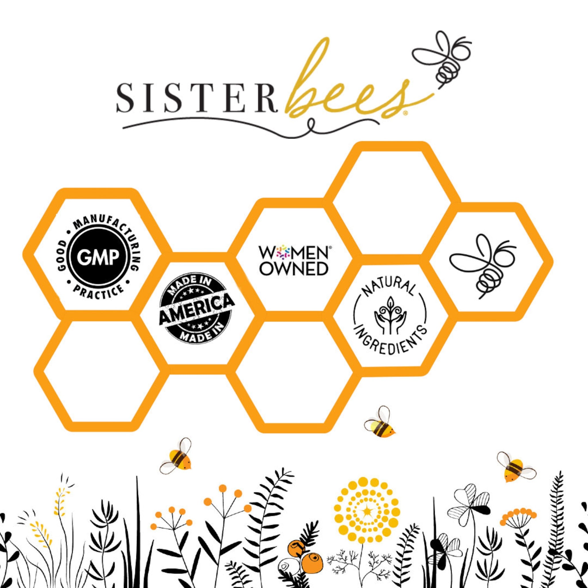 Sister Bees logo with yellow, black, and white colors, honeycomb design, and floral elements.